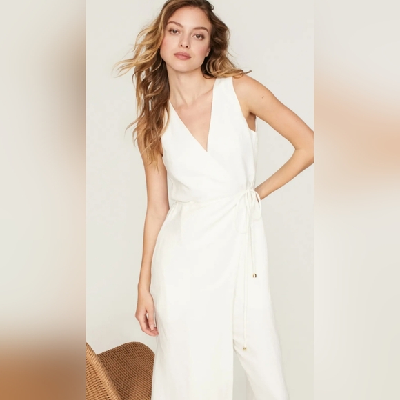 Rosetta Getty White‎ Sleeveless Wide Leg Linen Blend Cropped Apron Wrap Jumpsuit - Picture 3 of 16